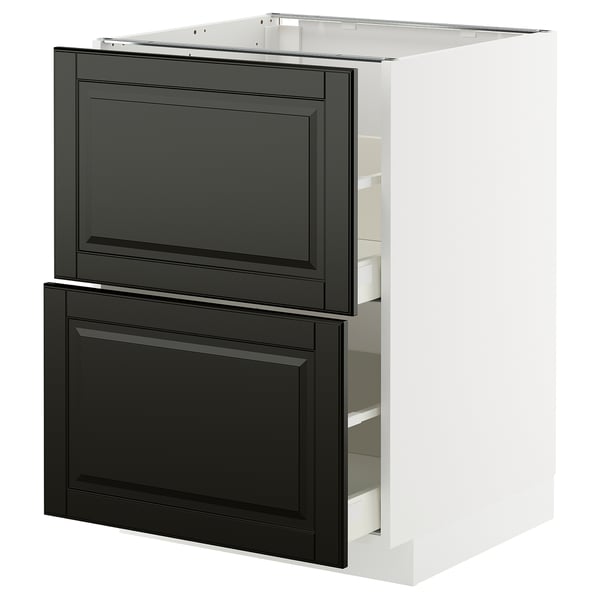 A black ikea METOD kitchen cabinet with two large drawers, sleek beveled edges, and a modern design.