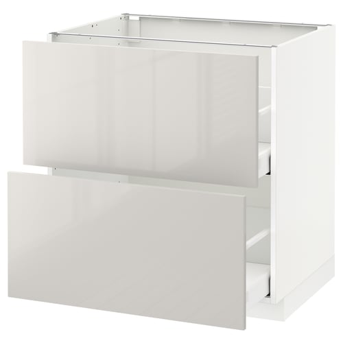 A white modern kitchen cabinet with two drawers. The cabinet has a glossy finish and a sleek design.