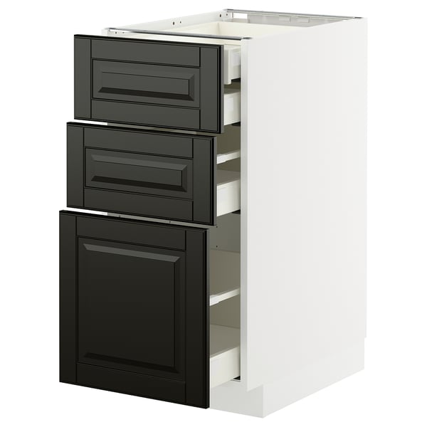 METOD kitchen unit with black bevelled drawers, modern design.