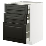 Modern black kitchen cabinet with three drawers, sleek design, sturdy frame.