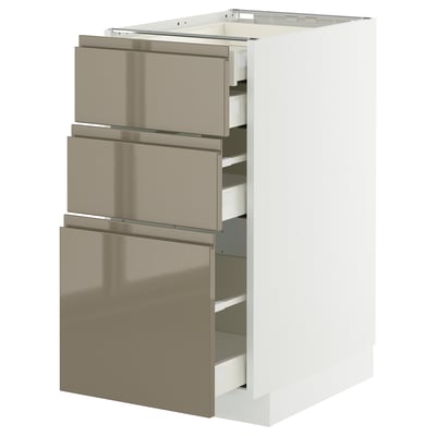 White METOD kitchen cabinet with 3 high-gloss dark gray-brown drawers, sleek handles.