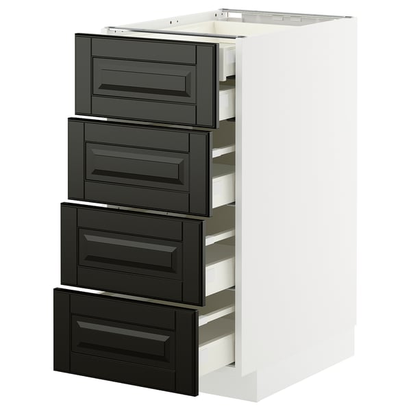 Modern white cabinet with four black drawers, sleek beveled edges.