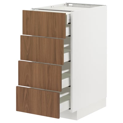 METOD kitchen unit with four walnut-brown drawers and white cabinet, sleek and modern.