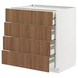 Modern white METOD cabinet with walnut-colored drawers, sleek design.