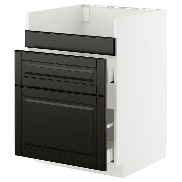 METOD kitchen cabinet in black with beveled edges, modern design, white frame, 3 compartments.