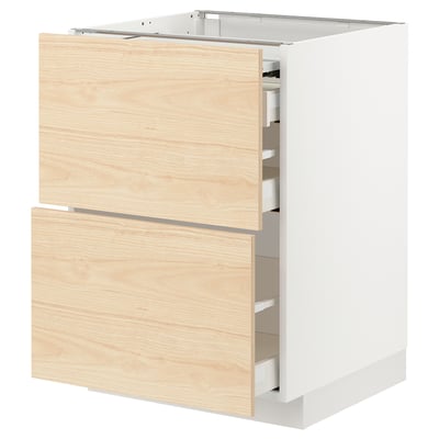 METOD kitchen cabinet: white & light wood finish, two open drawers, modern design.