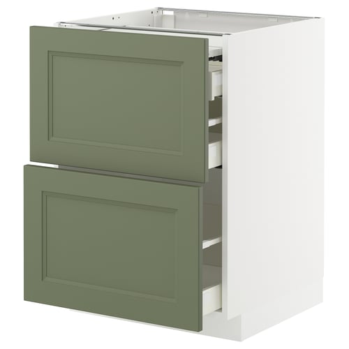 Ikea METOD base cabinet with green axstad drawers.