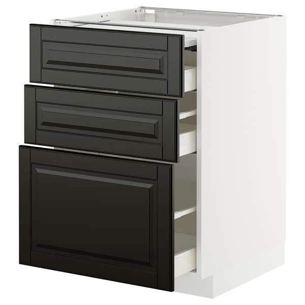 A modern black kitchen unit with three drawers and a pull-out countertop in a white cabinet.