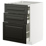 A modern black kitchen unit with three drawers and a pull-out countertop in a white cabinet.