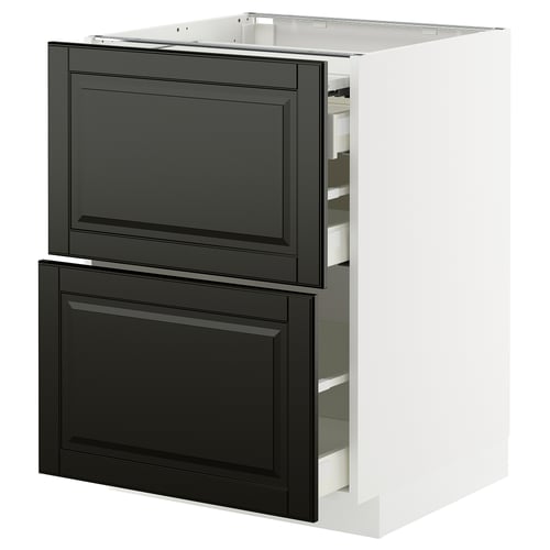 A METOD kitchen cabinet with black bodbyn drawers, featuring a sleek, modern design with bevelled edges.