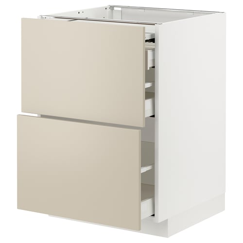 Modern kitchen cabinet with beige drawers, white frame, and sleek design.