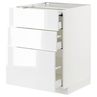 High gloss white METOD kitchen cabinet with three open drawers.