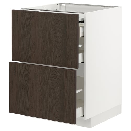 Modern kitchen cabinet with dark wood drawers and white frame.
