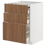 This image shows a white METOD kitchen cabinet with three walnut-brown drawers, designed with sleek handles and a modern look.