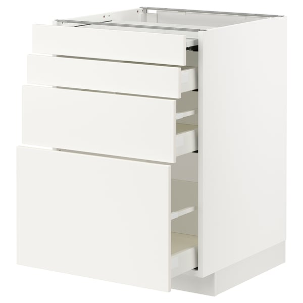 White METOD kitchen cabinet with multiple drawers.