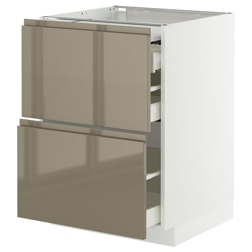 Modern kitchen cabinet with two shiny dark grey-brown drawers and sleek handles.