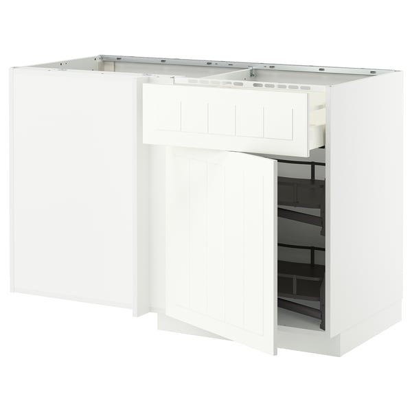 White METOD kitchen unit with open cabinet and pull-out shelves showcasing structured storage.