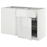 White ikea METOD kitchen unit with glossy doors and pull-out shelf.