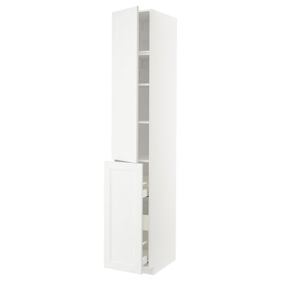 White METOD cabinet with open door, multiple shelves.
