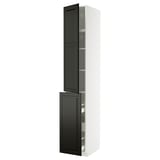 A tall white cabinet with black doors and shelves. Soft-closing drawers and adjustable shelves.