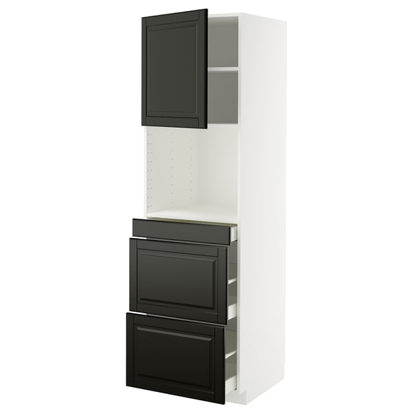 Vertical kitchen cabinet with black bevelled drawers and doors, white frame, modern design.