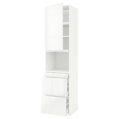 A white ikea METOD kitchen cabinet with high gloss, modern design, featuring drawers and shelves.