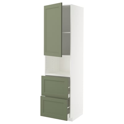 Modern tall kitchen cabinet in green and white with drawers and shelves.