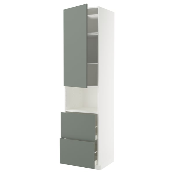Displays a modern kitchen cabinet in white with green-grey accents. It two doors and two drawers, designed with a sleek and harmonious look.