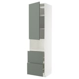 Displays a modern kitchen cabinet in white with green-grey accents. It two doors and two drawers, designed with a sleek and harmonious look.