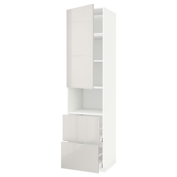White gloss METOD kitchen cabinet with shelves and drawers.