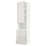 White gloss METOD kitchen cabinet with shelves and drawers.