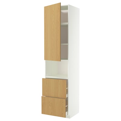 A METOD kitchen cabinet in white with light oak doors. It drawers, shelves, and sturdy metal hinges.