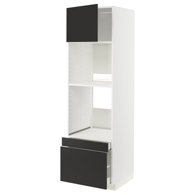 METOD kitchen unit with black doors, white frame, adjustable shelves, and soft-close drawers.