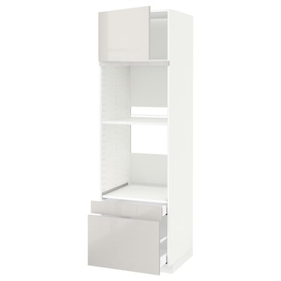 Alt: white ikea METOD cabinet with high gloss, open shelves, and drawers.