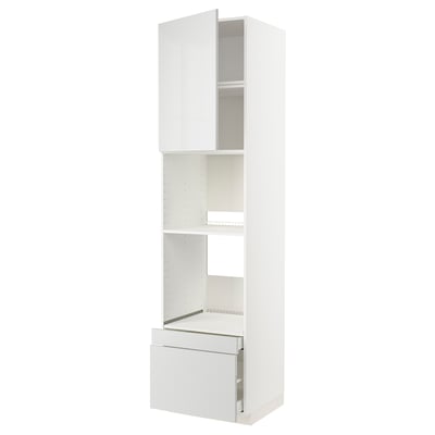 METOD white kitchen unit, glossy, tall, with drawers and shelves.