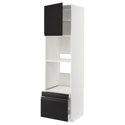 Modern white kitchen cabinet with black handles, three shelves, one pull-out drawer.