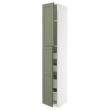 A tall white cabinet with two green doors and multiple drawers in between. The design is modern and functional.