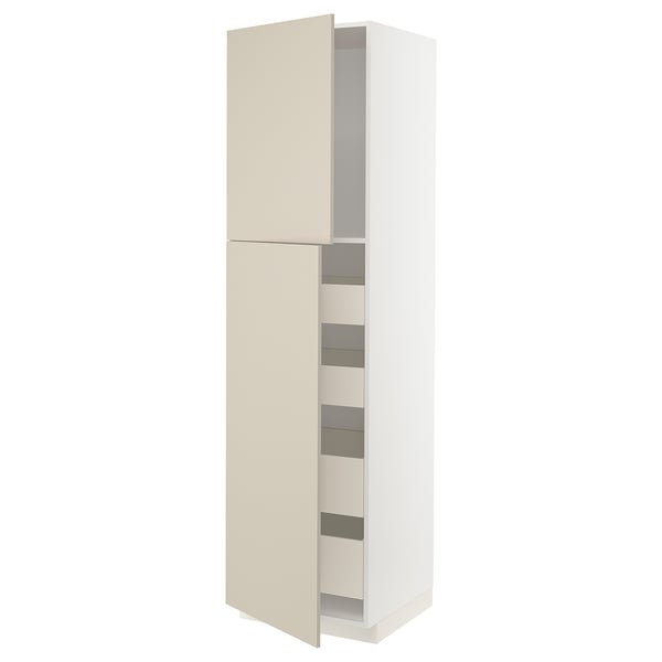 METOD kitchen unit, beige, white & grey, tall, 2 doors, 4 shelves.