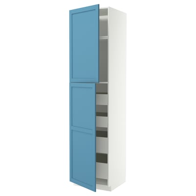 A white METOD cabinet with blue doors, containing adjustable shelves. The cabinet has a rectangular shape and a smooth finish.