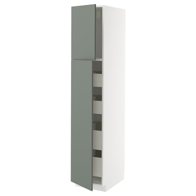 Modern gray-green kitchen cabinet with silver handles, featuring open drawers, slim vertical design.