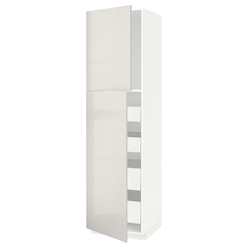 Modern, tall high-gloss white METOD cabinet with multiple shelves and soft-closing drawers.