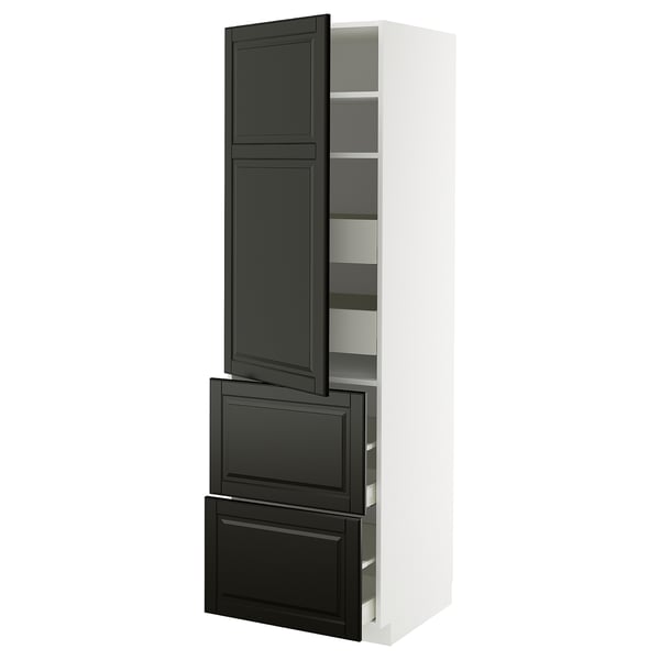 Tall white kitchen cabinet with black drawers & door, modern design.