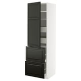 Tall white kitchen cabinet with black drawers & door, modern design.