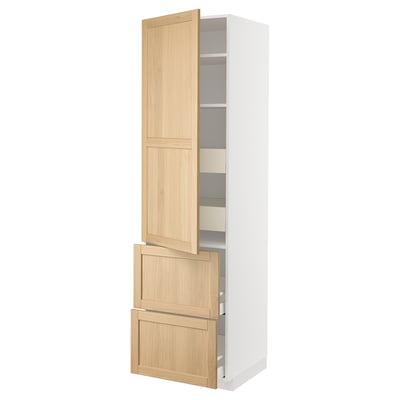 A tall white kitchen cabinet with light wooden doors and drawers. It has adjustable shelves and soft-close drawers.
