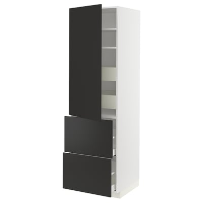 Modern kitchen cabinet with black METOD doors, white frame, adjustable shelves, two drawers, sleek design.