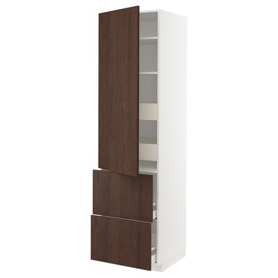 Modern kitchen cabinet in white and dark brown, featuring open shelves and drawers with wooden handles.