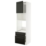 White and black METOD kitchen unit with storage compartments and open shelves.
