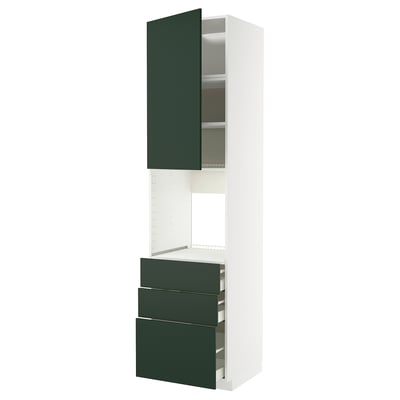 METOD kitchen unit with dark green havstorp drawers and doors, white frame, three drawers, one cabinet.