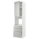 Modern white METOD cabinet with grey drawers, sleek design, storage unit with open top and drawers.