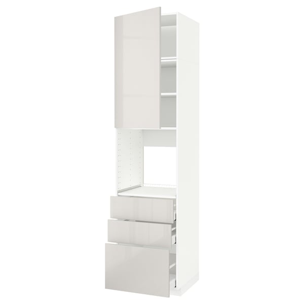 Modern white kitchen unit with glossy finish, sleek design, three drawers, and a cabinet.